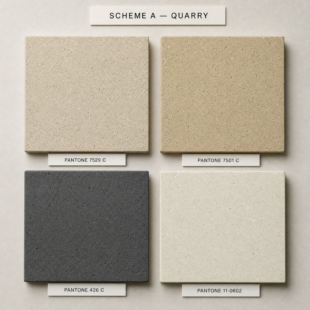 Scheme A - Quarry: Natural concrete tones with PANTONE 7529 C, 7501 C, 426 C, 11-0602
