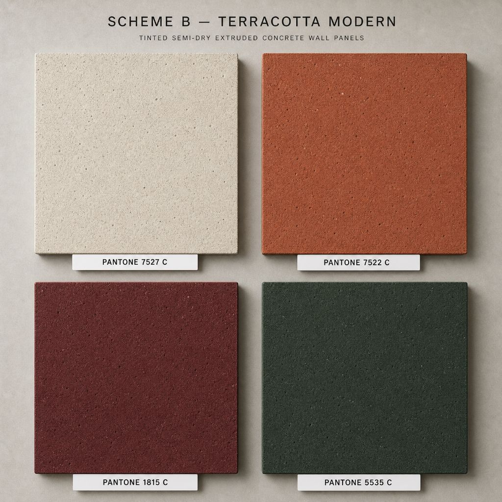 Scheme B - Terracotta Modern: Warm earth tones with PANTONE 7527 C, 7522 C, 1815 C, 5535 C