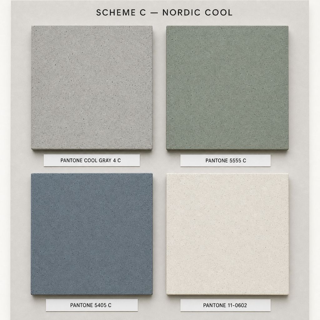 Scheme C - Nordic Cool: Cool sophisticated palette with PANTONE Cool Gray 4 C, 5555 C, 5405 C, 11-0602