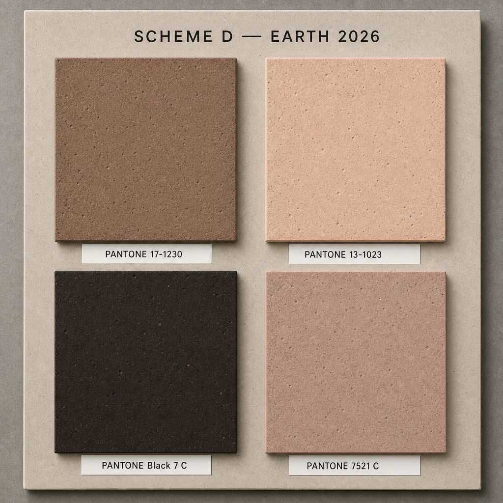 Scheme D - Earth 2026: Contemporary earthy palette with PANTONE 17-1230, 13-1023, Black 7 C, 7521 C